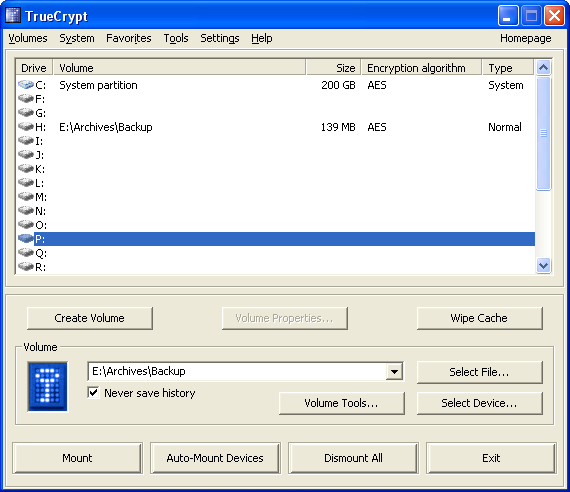 Main TrueCrypt Window