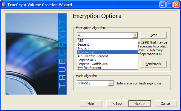 TrueCrypt Volume Creation Wizard – encryption algorithms